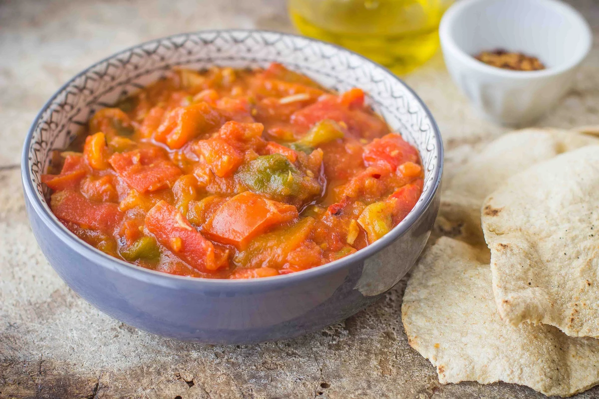 A bowl of Moroccan taktouka roasted pepper and tomato salad